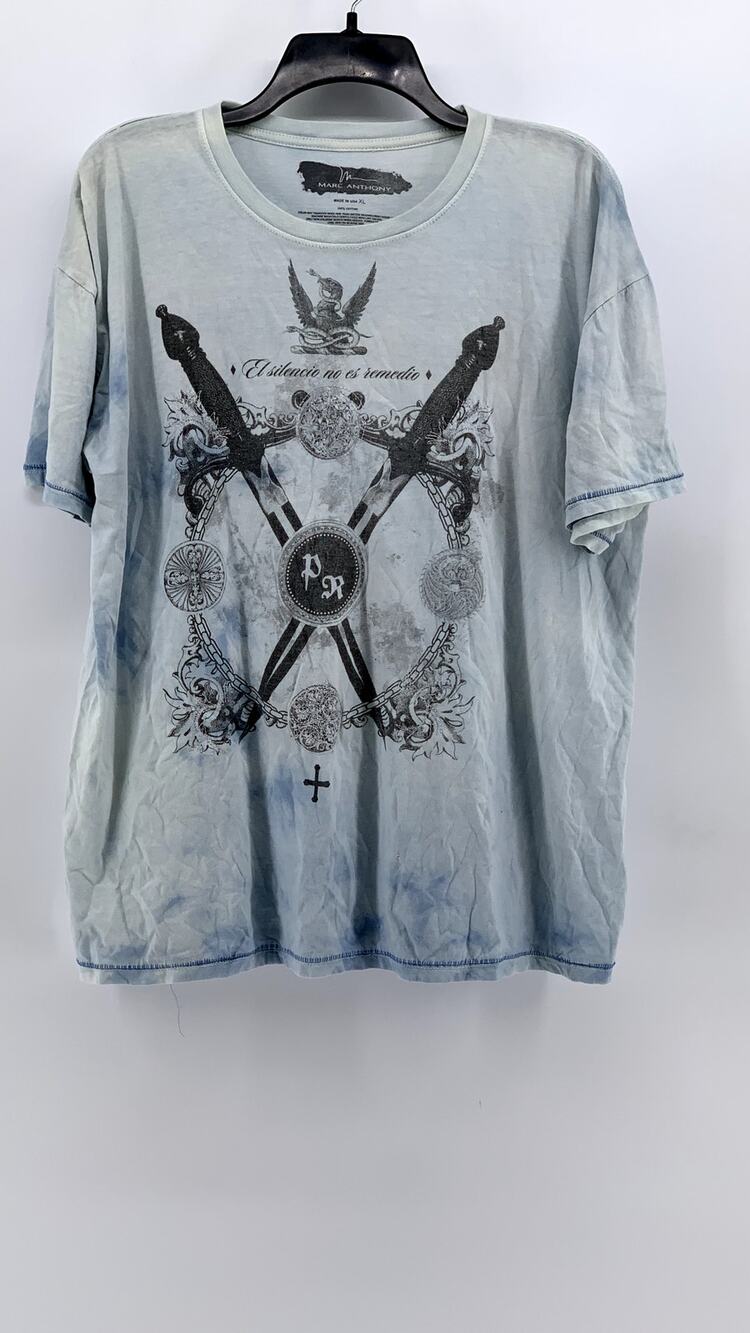 MARC ANTHONY Men's Blue Acid Wash Y2K Graphic Crewneck T-Shirt SZ XL